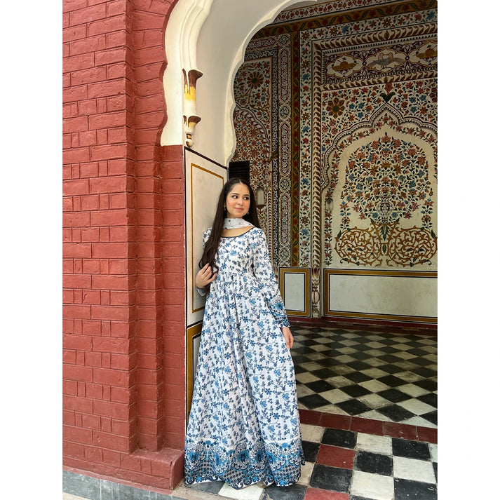 Azure Bloom Printed Maxi Dress 3pc