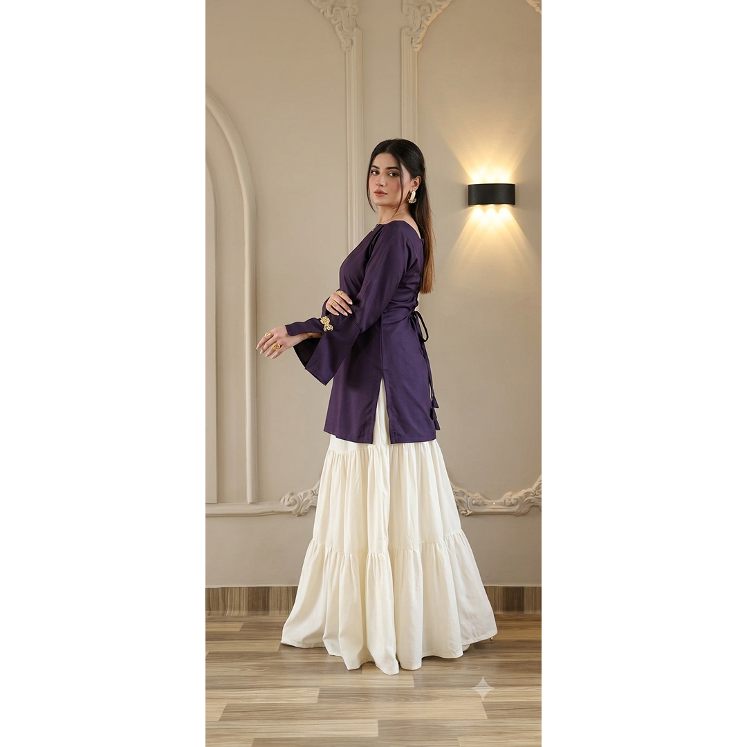 Elegant Deep Purple & White Tiered Skirt Set