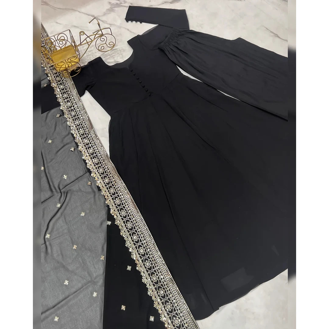 Midnight Muse.    Midnight Black Fox Georgette Flared Kurti with Handcrafted Potli Buttons & Zari Dupatta