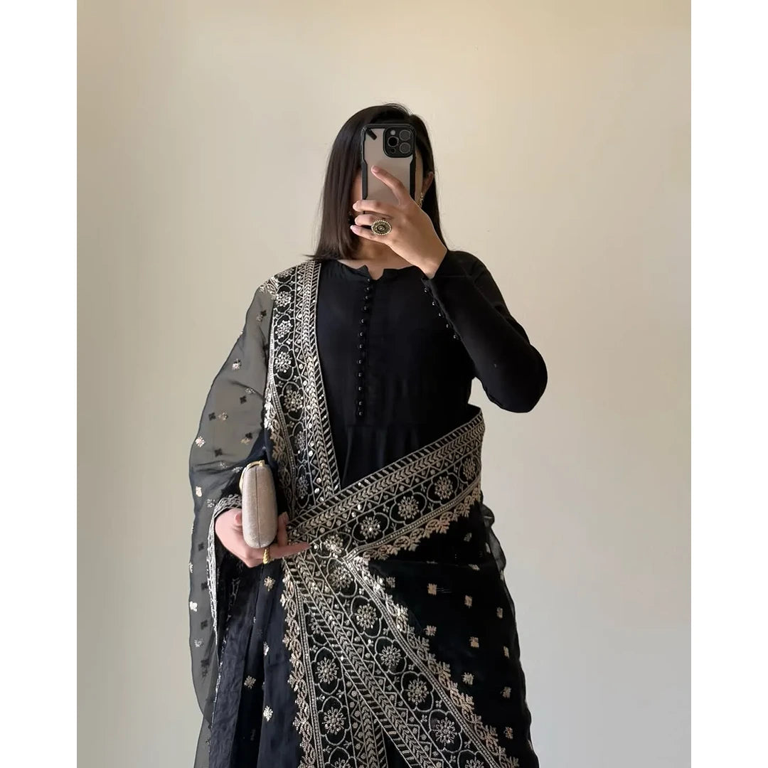 Midnight Muse.    Midnight Black Fox Georgette Flared Kurti with Handcrafted Potli Buttons & Zari Dupatta