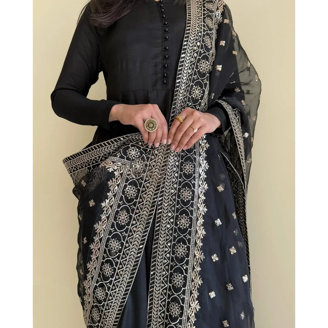 Midnight Muse.    Midnight Black Fox Georgette Flared Kurti with Handcrafted Potli Buttons & Zari Dupatta