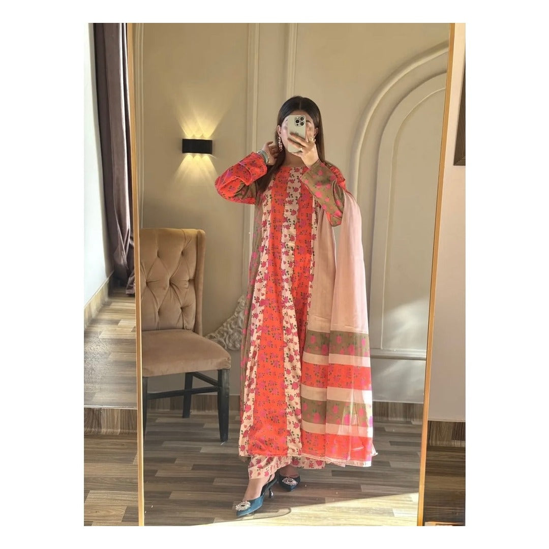 Rosewood Mirage – Premium Floral Printed Maxi Dress for Women (3 Piece)