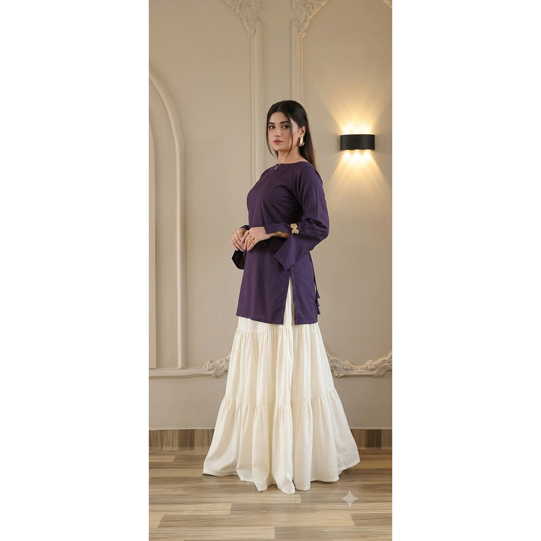 Elegant Deep Purple & White Tiered Skirt Set