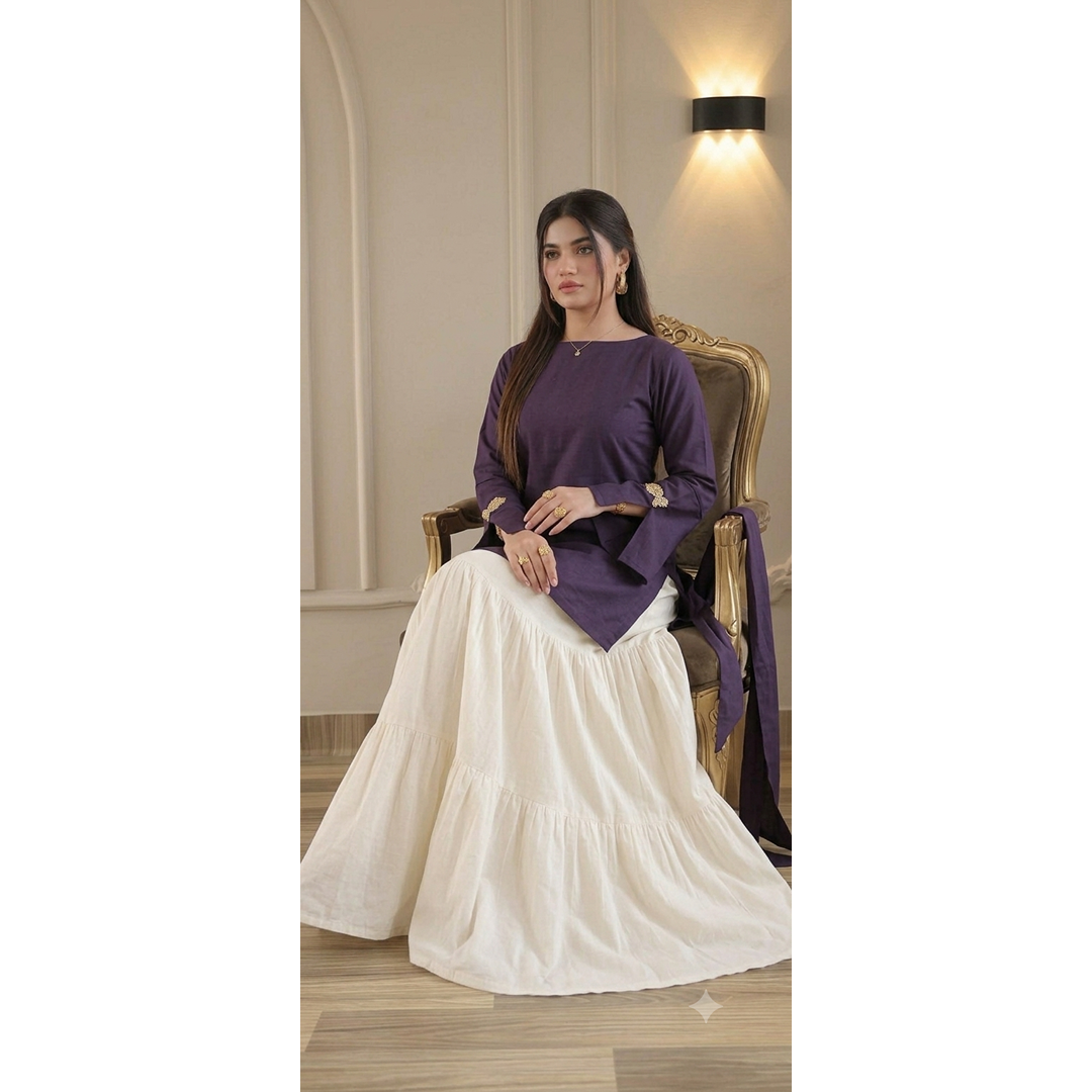 Elegant Deep Purple & White Tiered Skirt Set