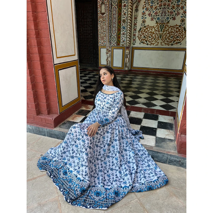 Azure Bloom Printed Maxi Dress 3pc