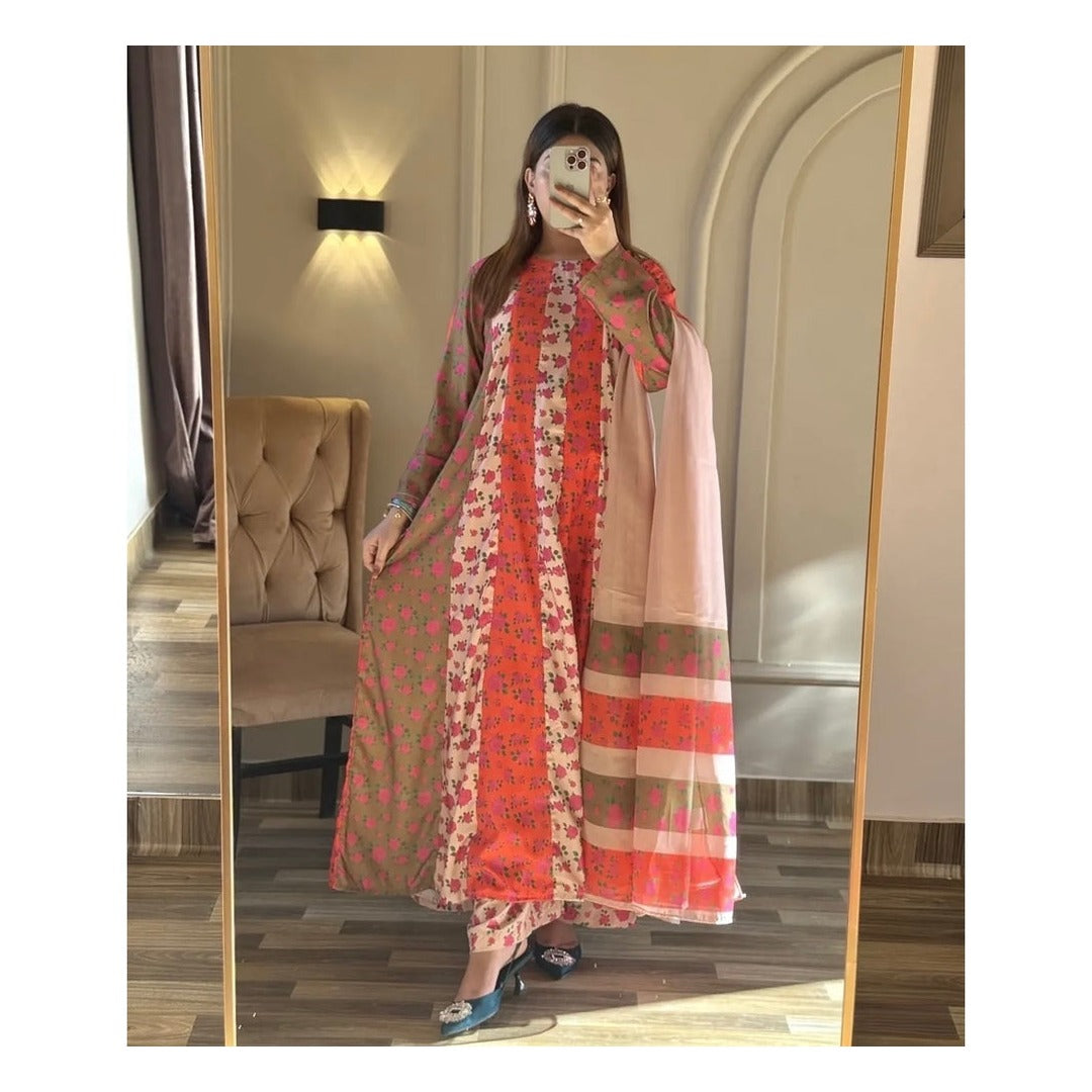 Rosewood Mirage – Premium Floral Printed Maxi Dress for Women (3 Piece)