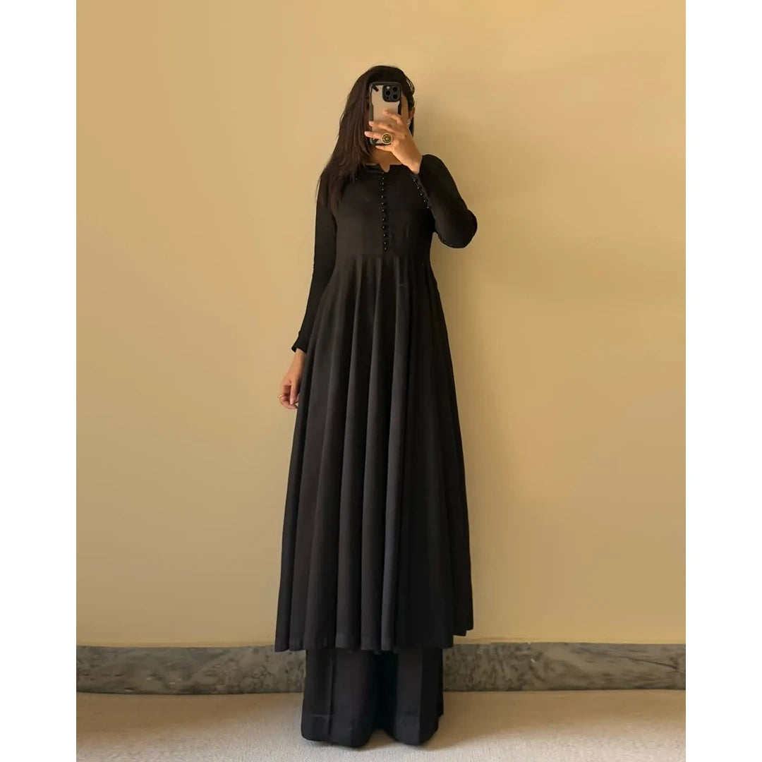 Midnight Muse.    Midnight Black Fox Georgette Flared Kurti with Handcrafted Potli Buttons & Zari Dupatta