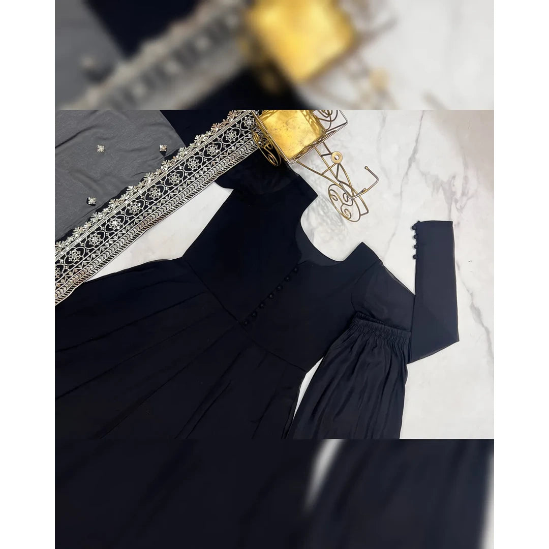 Midnight Muse.    Midnight Black Fox Georgette Flared Kurti with Handcrafted Potli Buttons & Zari Dupatta