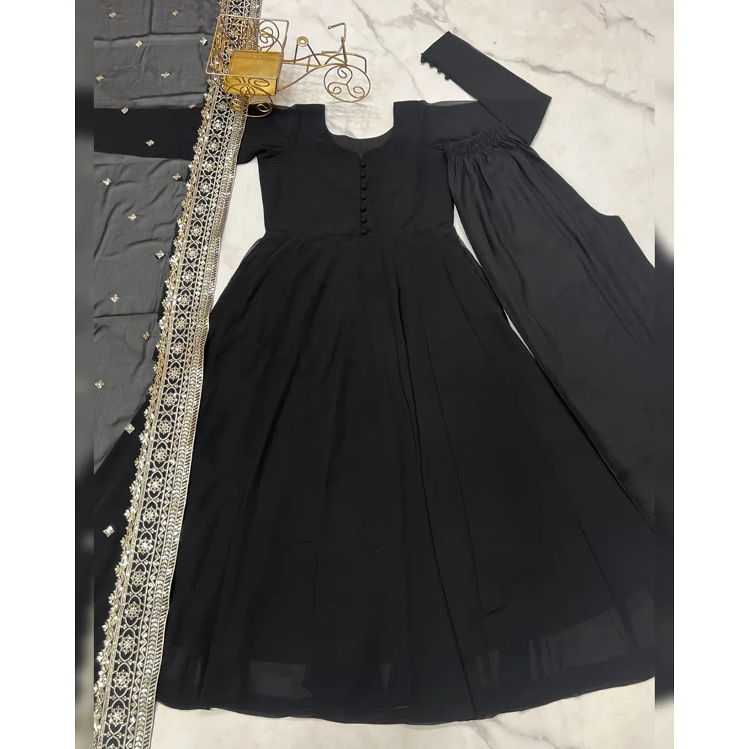 Midnight Muse.    Midnight Black Fox Georgette Flared Kurti with Handcrafted Potli Buttons & Zari Dupatta