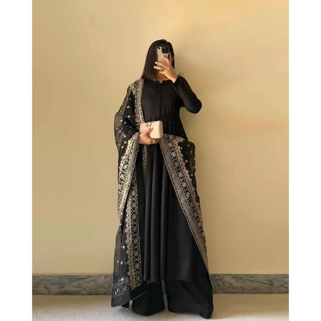 Midnight Muse.    Midnight Black Fox Georgette Flared Kurti with Handcrafted Potli Buttons & Zari Dupatta