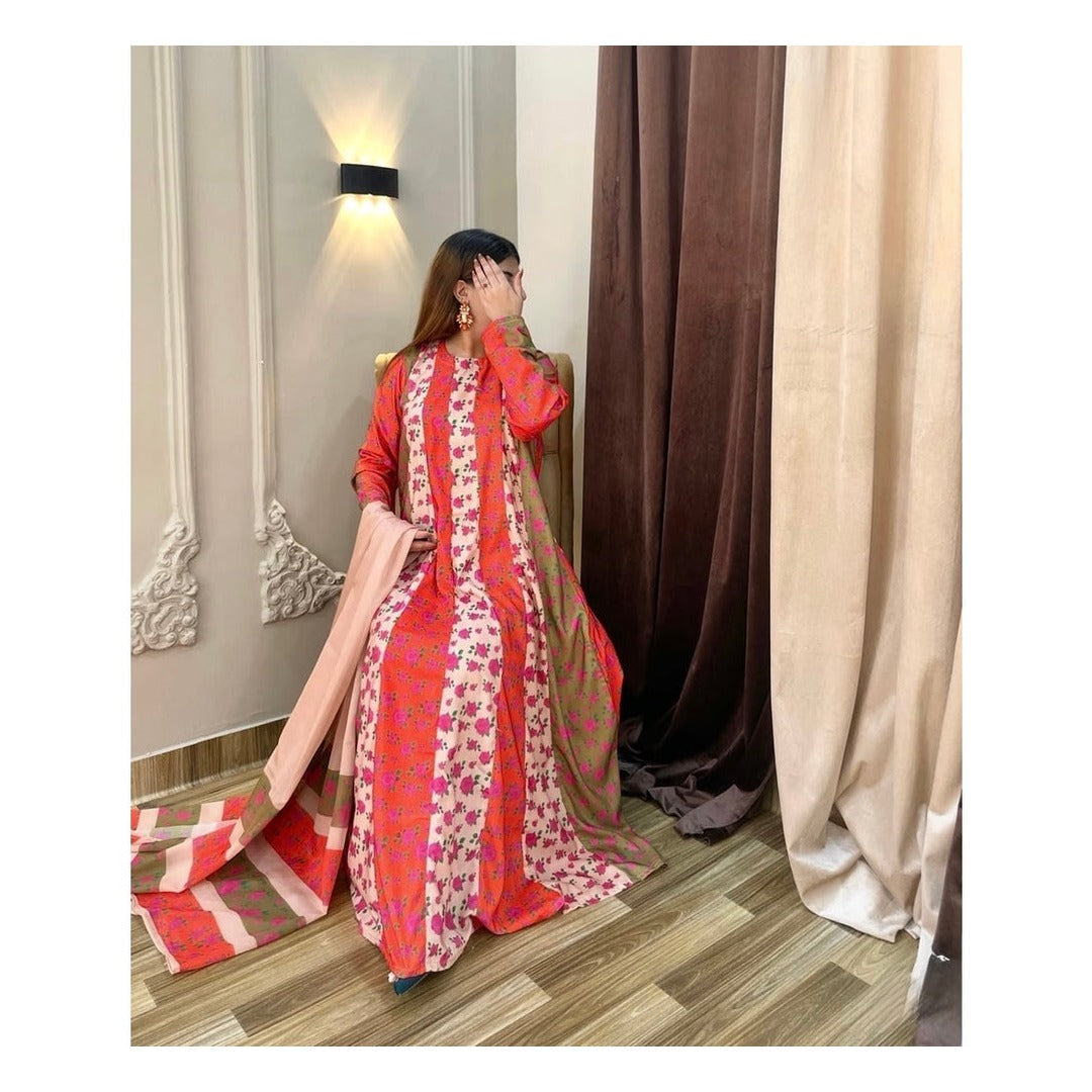 Rosewood Mirage – Premium Floral Printed Maxi Dress for Women (3 Piece)